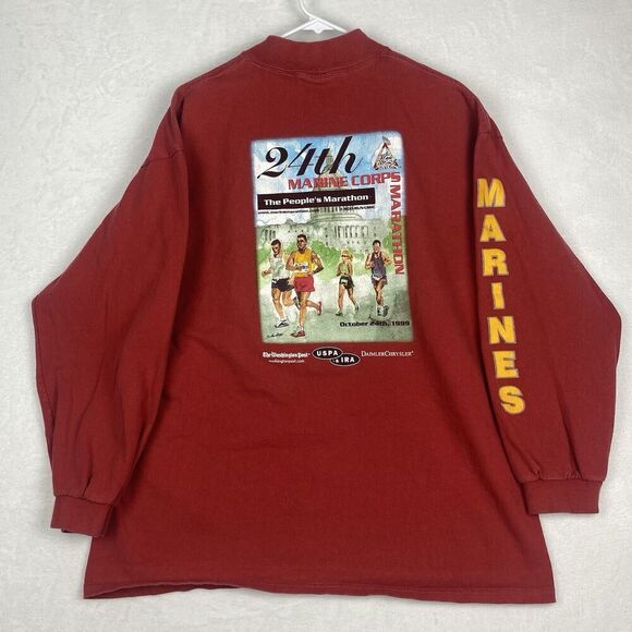 Vintage 90s Marina Corps Marathon USMC Shirt Mens Extra Large Red Long Sleeve - Picture 1 of 10